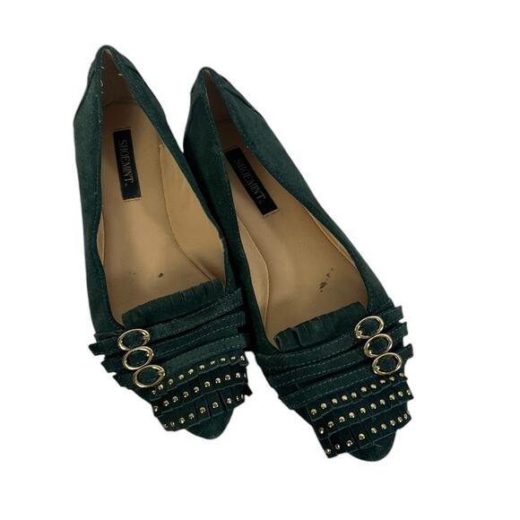Shoemint Green Suede Gold Buckle Tassel Preppy Flats Size 6 - Picture 2 of 5
